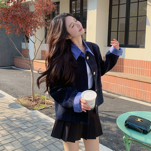 短款毛呢设计感春季外套短外套拼接提花复古女小香风春秋小个子图片