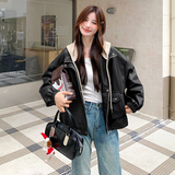 美拉德针织连帽皮衣外套女2025春季新款复古设计感小个子夹克上衣，女装皮衣，浙宝123