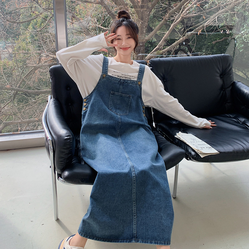 盐系牛仔学院风背带裙女春秋款宽松减龄设计感少女显瘦气质连衣裙,女装连衣裙,浙宝123