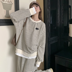 拼接条纹卫衣套装女2025春季新款时尚慵懒风穿搭减龄半身裙两件套图片