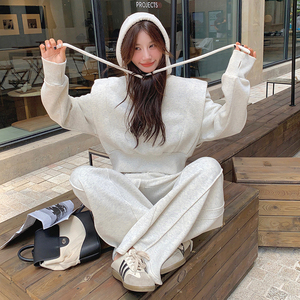 白色时尚休闲卫衣女2024秋季新款设计感连帽上衣阔腿裤图片
