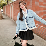 蓝色小香风外套女高级感2025春季新款木耳边小个子休闲上衣短外套，女装短外套，浙宝123