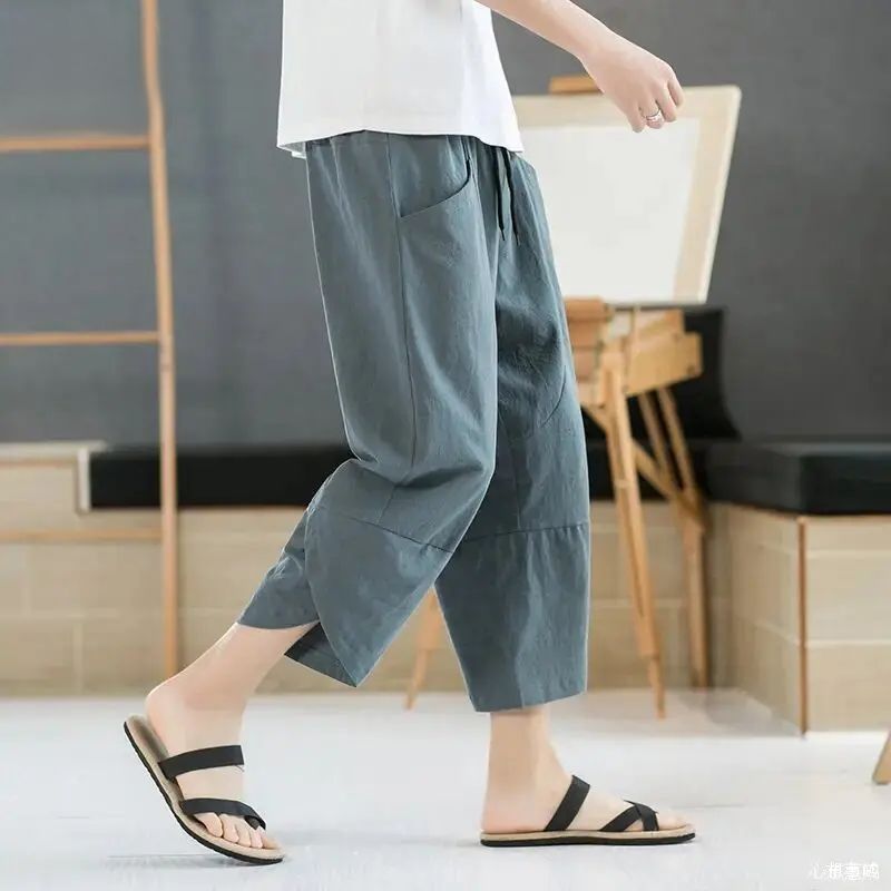男士七分裤夏季薄款亚麻短裤男休闲马裤大码宽松男裤子棉麻沙滩裤