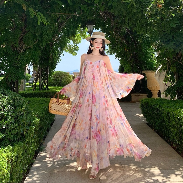绝美重工度假风惊艳晕染碎花长裙