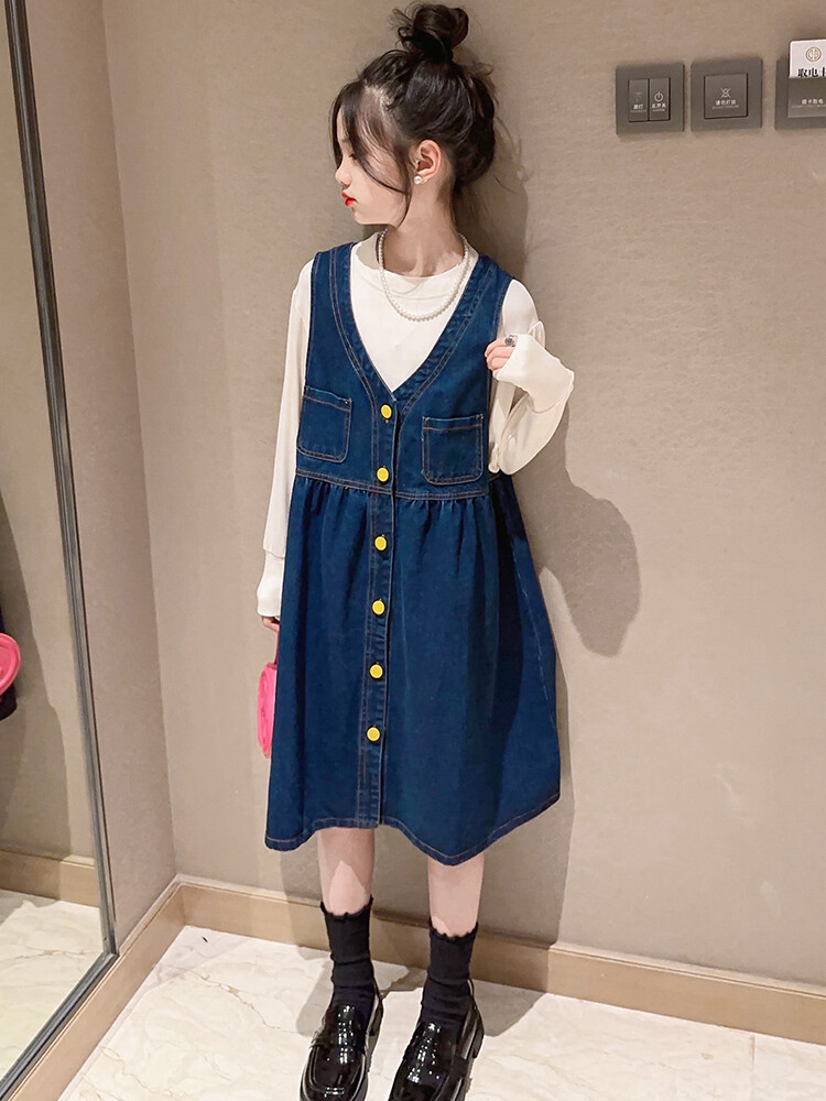 女童春装连衣裙2025新款儿童洋气春秋裙子大童时髦牛仔背带裙套装