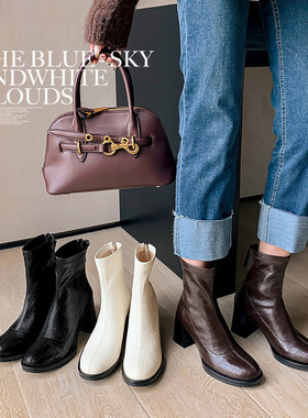 Seenlt-英伦风小个子方头粗跟短靴女2025新款及踝靴子弹力瘦瘦靴