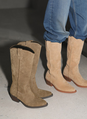 Seenlt-2025新款复古V口内长靴堆堆靴女保暖搭子秋冬小个子西部牛