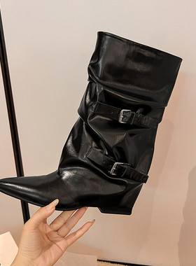 Seenlt-4CM褶皱堆堆靴子女秋冬新款不过膝高筒长靴小个子复古粗跟