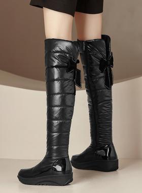 防水过膝靴厚底保暖2024冬季弓形雪地靴女式棉靴亮皮防风护膝靴