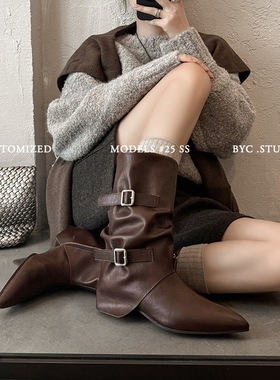 Seenlt-博主内尖头中筒裤管靴新款皮带扣西部牛仔靴堆堆靴短靴女