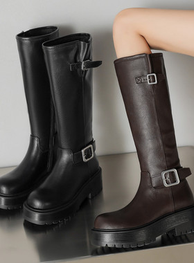 Seenlt-厚底骑士靴女2025新款秋冬英伦风机车靴高筒长靴子棕色长