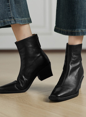 Seenlt-手工女鞋~5.5cm高跟复古侧拉链真皮靴子秋冬新款方头粗跟