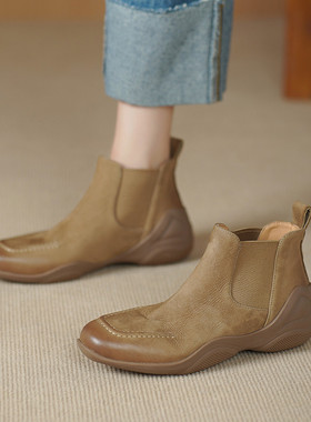 Seenlt-真皮短靴女2025秋冬季新款头层牛皮柔软牛巴戈牛皮里外全