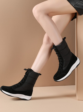 户外真皮雪地靴女中筒东北冬季加绒防水防滑加厚保暖系带羽绒短靴