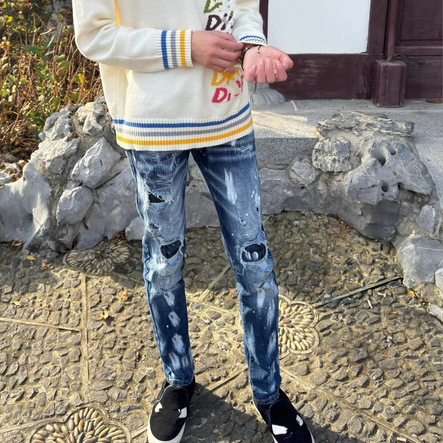 美式高街中大童装泼墨蓝色牛仔裤儿童牛仔裤