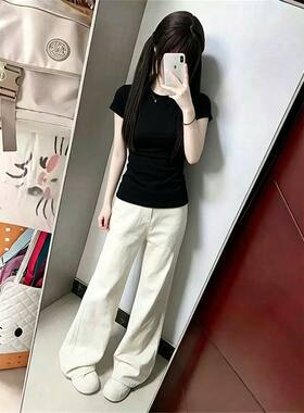 夏季新款中大童短袖T恤女ins风小众白色微喇叭牛仔裤子穿搭一整套