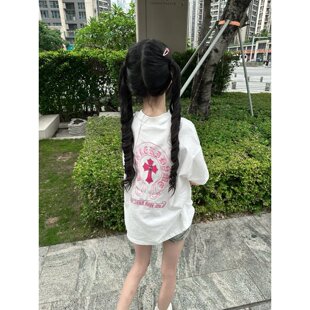 中大童装美式复古十字架短袖t恤女夏季新款国潮牌设计感小众上衣
