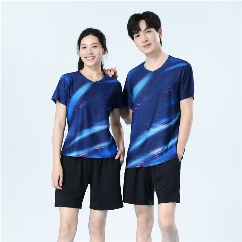新款羽毛球服套装透气V领运动排球服男女蓝红短袖比赛T恤乒乓球衣