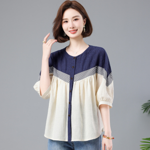 圆领衬衫 夏装 女宽松2026新款 大码 气质纯棉上衣 中年妈妈五分袖 夏季