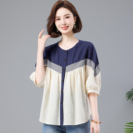 夏季圆领衬衫女宽松2026新款中年妈妈五分袖大码夏装气质纯棉上衣
