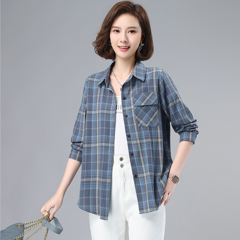格子衬衫女宽松纯棉2025春装新款中年妈妈春秋大码休闲长袖衬衣女