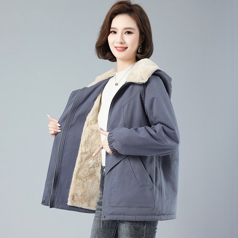 加绒加厚外套女宽松2025秋冬新款中年妈妈休闲大码保暖派克服棉服