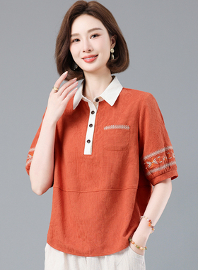 纯棉短袖t恤女宽松全棉2026夏季新款中年妈妈气质大码带领子上衣