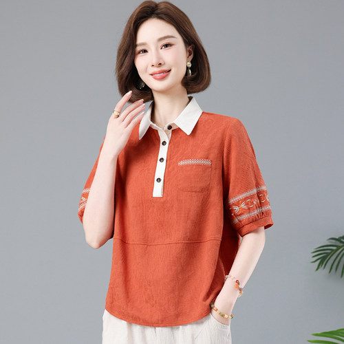 纯棉短袖t恤女宽松有领子上衣