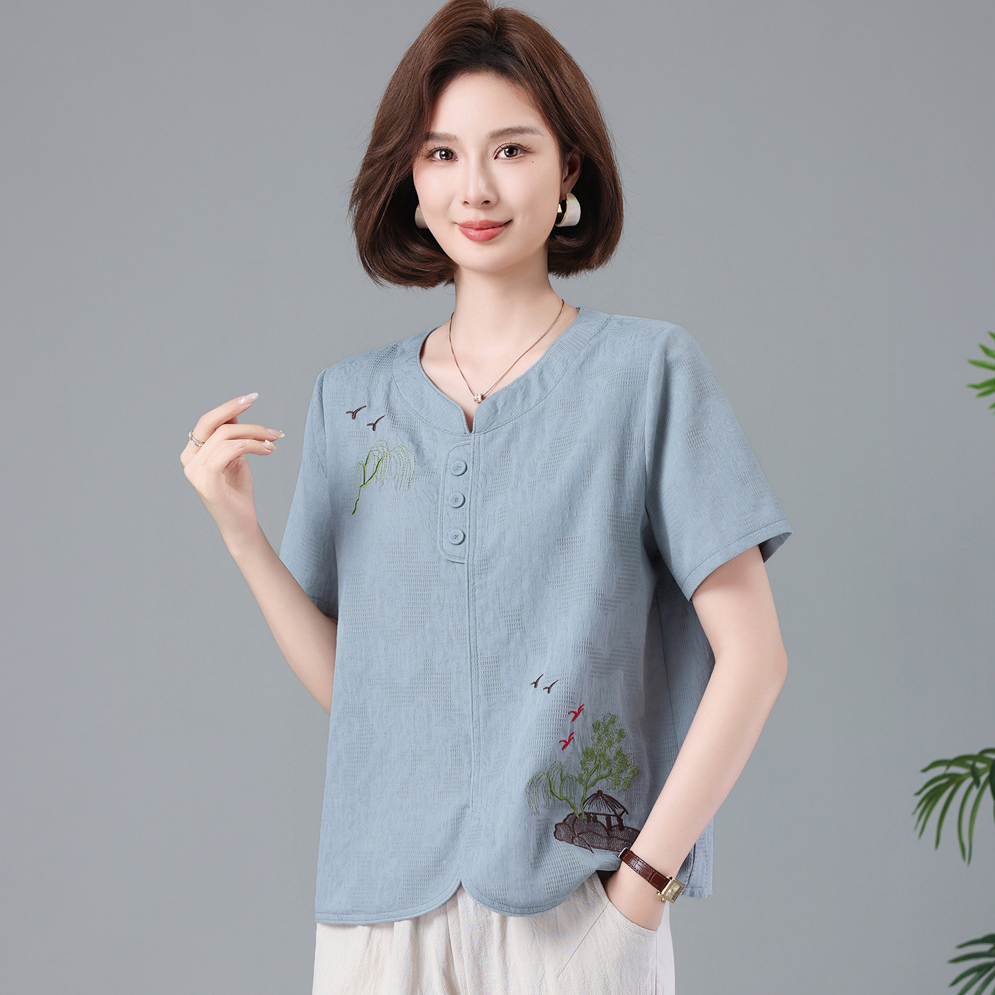 纯棉短袖t恤女宽松2026夏装新款中年妈妈装刺绣上衣国风中式小衫
