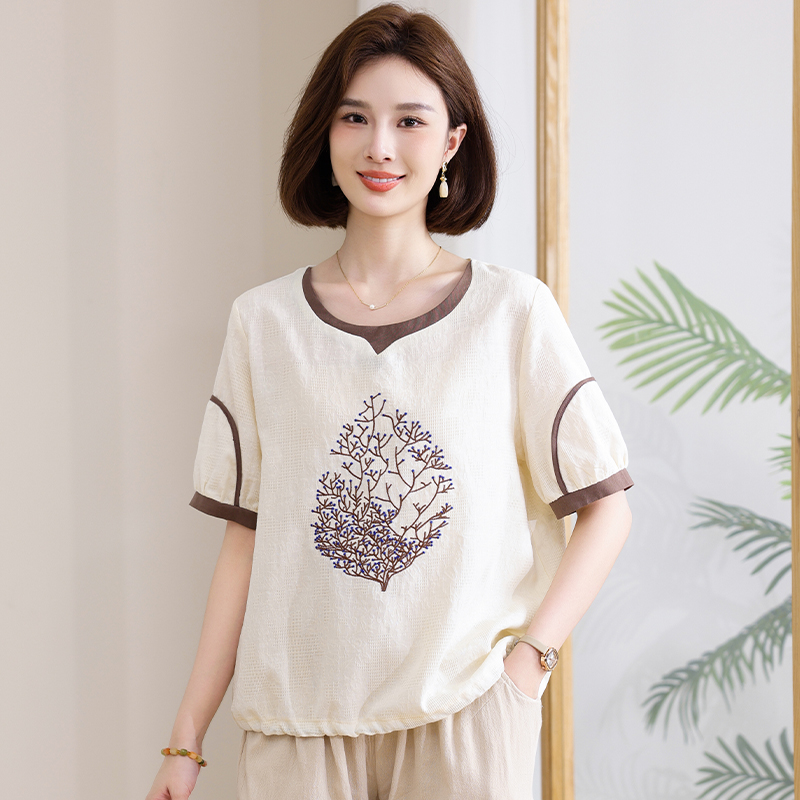 夏季纯棉短袖t恤女宽松2025新款中年妈妈休闲大码胖mm减龄上衣女