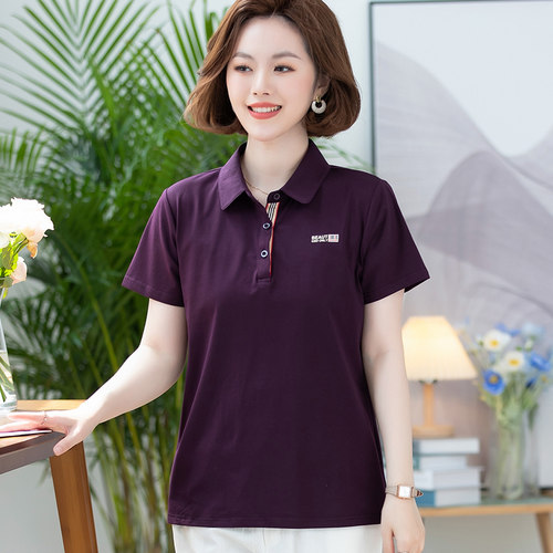 气质翻领纯棉短袖女t恤中年夏装