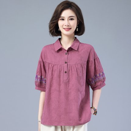 夏季纯棉短袖t恤女宽松大码2026夏装新款中年妈妈气质有领子上衣