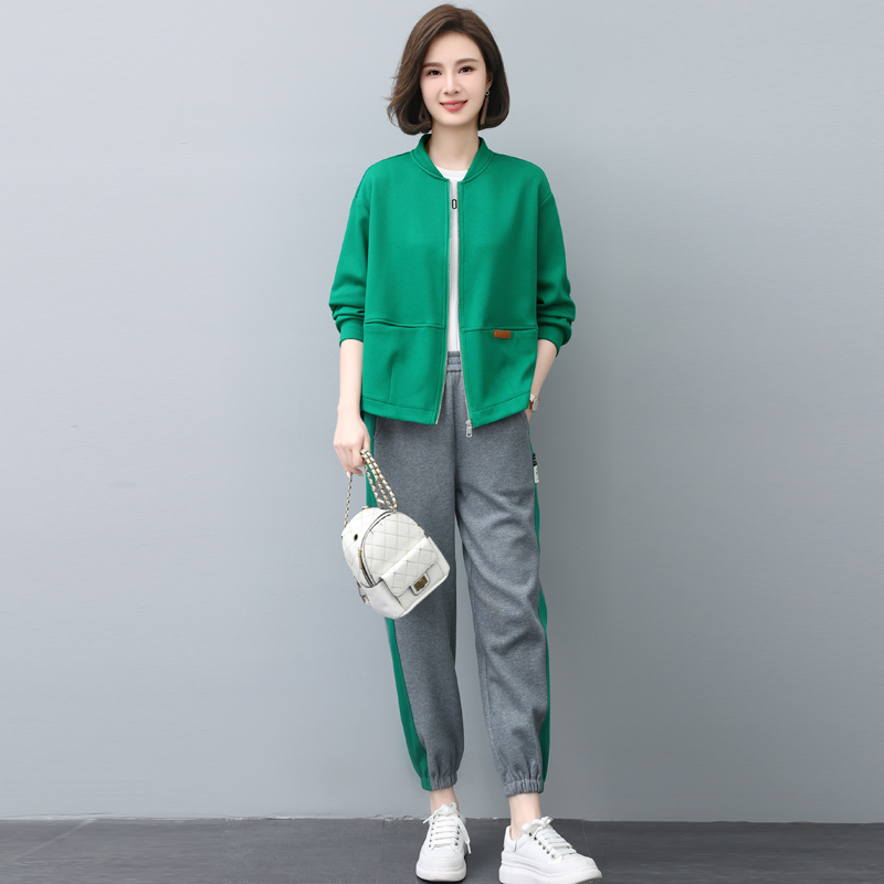 女士休闲运动套装2025春秋新中年妈妈开衫卫衣外套短款跑步两件套