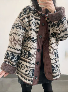韩系复古双面费尔岛提花仿羊羔毛外套25冬加厚小个子皮毛一体大衣