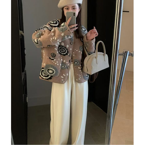 韩系chic复古羽绒内胆提花毛呢外套女2025冬文艺日系单排扣短大衣