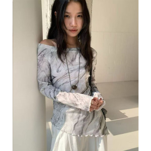 打底衫 上衣 不规则设计感一字肩斜领水墨印花T恤显瘦防晒长袖 法式
