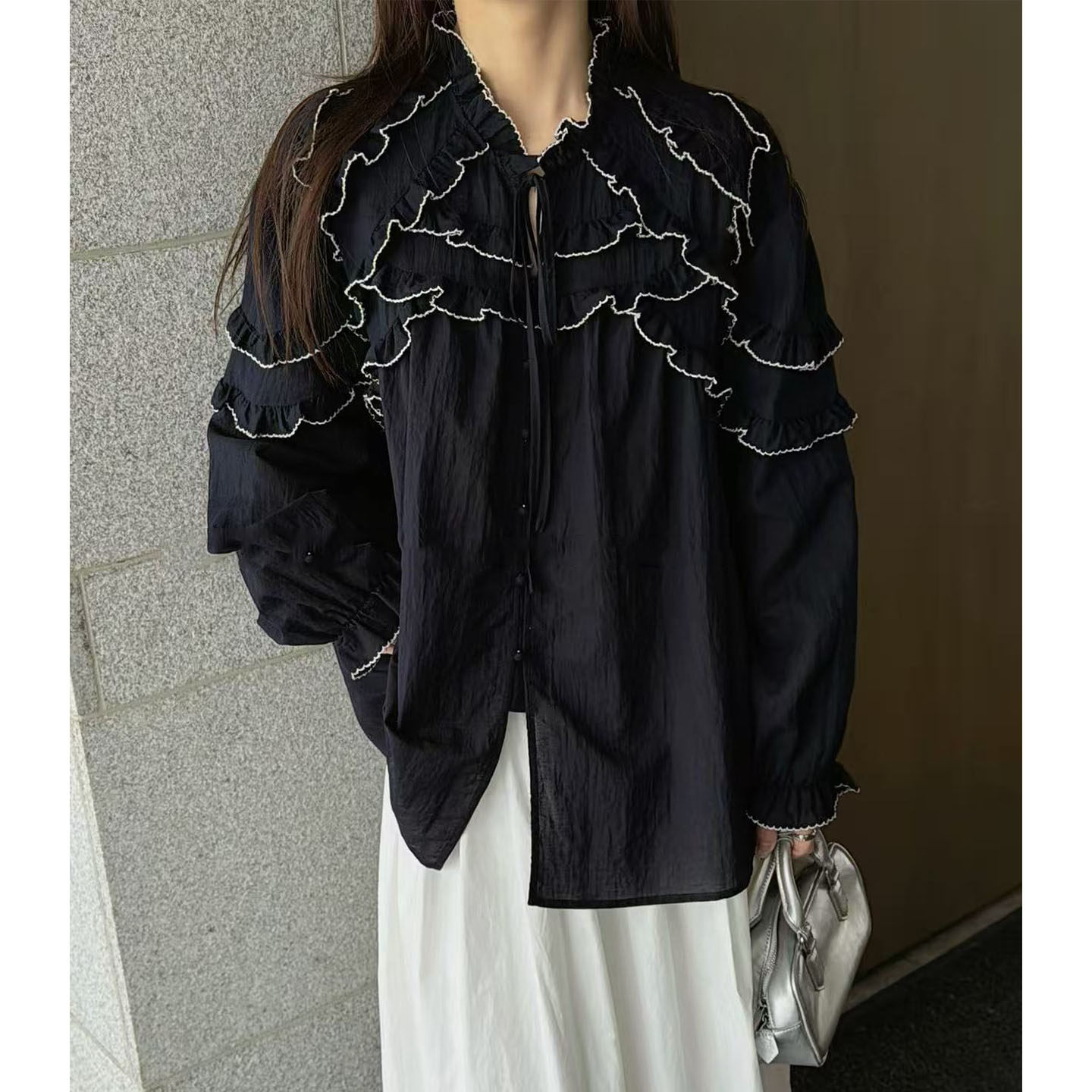 法式宫廷风浪漫荷叶边刺绣衬衫女撞色花边领泡泡袖公主风气质上衣