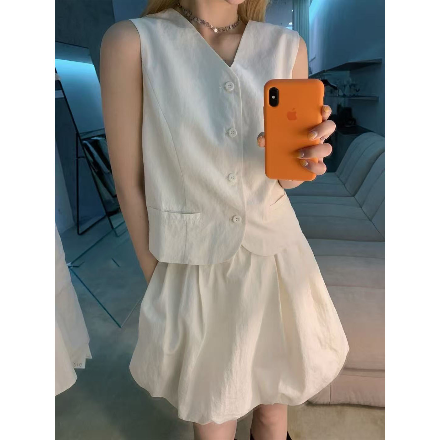 韩系V领单排扣马夹＋松紧腰半身裙两件套小众丝麻背心百褶裙套装