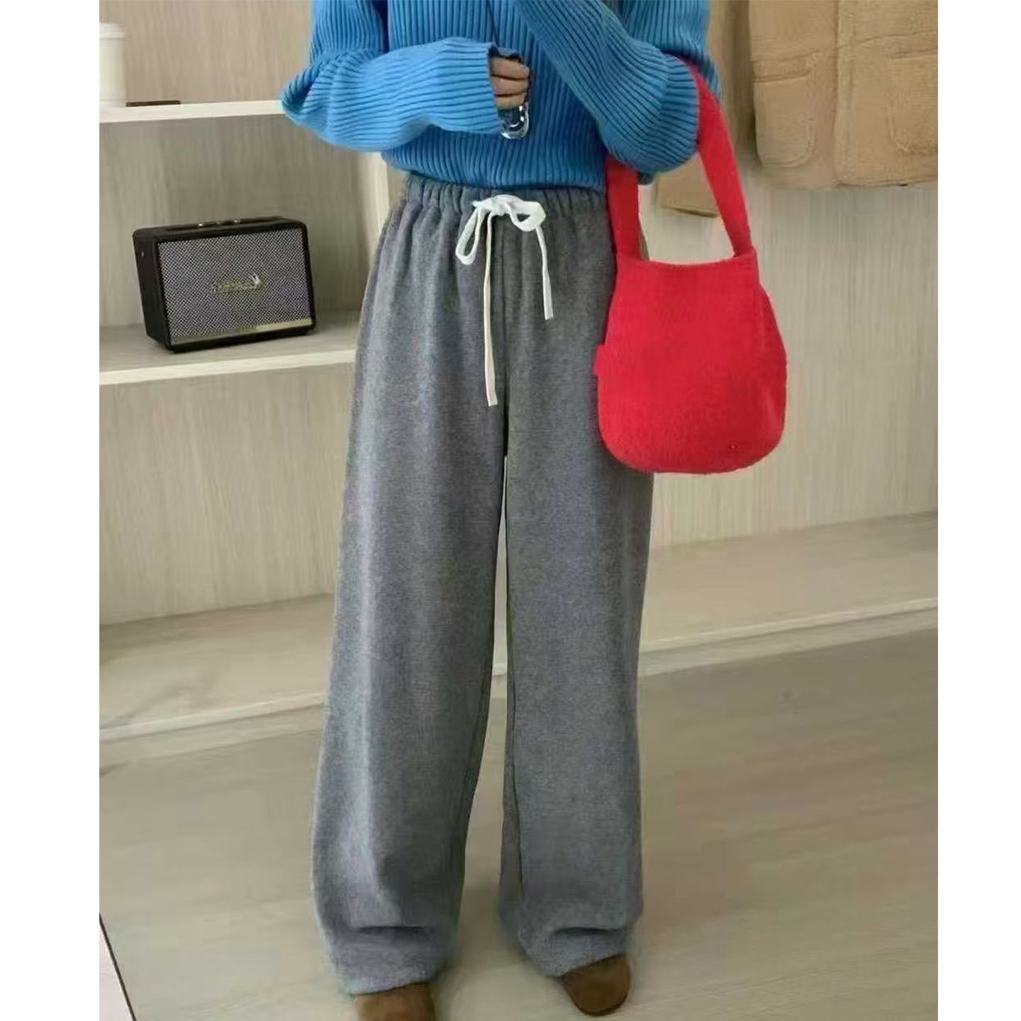 韩系加绒加厚复古软糯阔腿裤