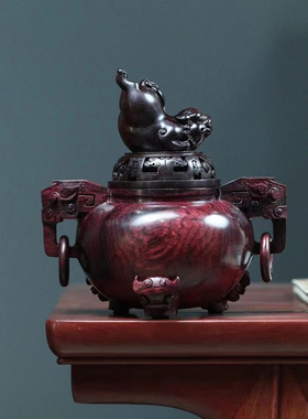 海南黄花梨紫油梨工艺品饕餮纹活环双耳鼎炉仙作摆件木制工艺摆件