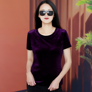 女半袖 夏季 打底衫 纯色修身 圆领短袖 t恤女金丝绒上衣高贵洋气小衫