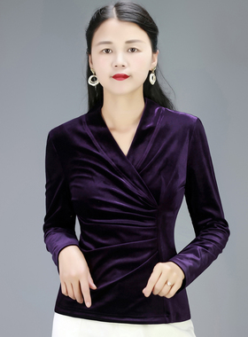 2025春秋新款金丝绒上衣女长袖洋气时尚气质打底衫交叉V领T恤小衫