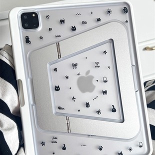 ins黑色简笔猫咪金属支架ipad壳适用苹果华为2025ipadpro保护套支架平板Air34689壳笔槽第十代12.9寸matepadS