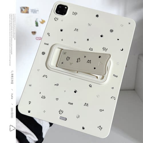 ins韩风银涂鸦猫乳白色支架适用苹果三星华为2025ipadpro保护套TPU平板Air3467壳第十代小红米MatepadS软89A1