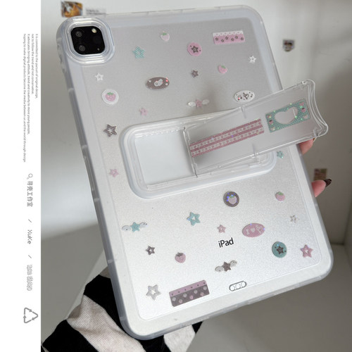 ins韩风镭射草莓音符透明支架可调节适用苹果三星华为2025ipadpro保护套平板Air34678壳第十代小米Matepad女S