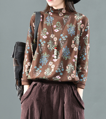 园园美衣复古文艺印花针织打底衫秋冬款高领长袖T恤女上衣套头衫