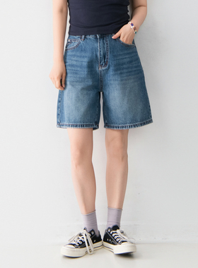 棉质夏季新款拼接牛仔短裤女休闲百搭A字廓形显瘦显腿长牛仔裤