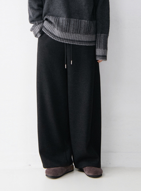 加绒加厚含醋酸羊毛松紧腰直筒毛呢裤女百搭休闲垂感保暖休闲裤