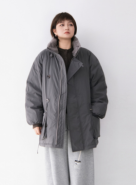 工厂清货！90%白鸭绒填充可拆卸毛领大口袋中长款腰间抽绳羽绒服