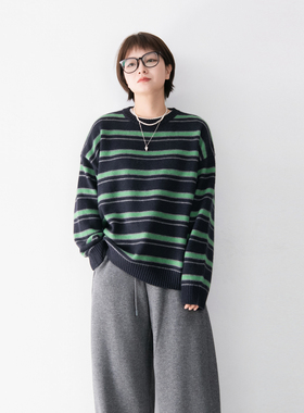 不易起球圆领套头宽松条纹毛衣女百搭日系随意慵懒风保暖撞色上衣